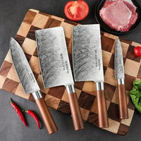 Set of four Japanese kitchen knives on a wooden cutting board, showcasing stainless steel blades and wooden handles.
