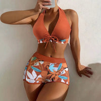 Shorts Bikinis Set  High Waist Swimsuit Women Swimwear 2 Pieces Plant Print Bathers Bathing Swim Suit Beachwear