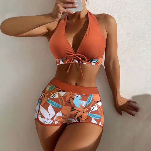 Shorts Bikinis Set  High Waist Swimsuit Women Swimwear 2 Pieces Plant Print Bathers Bathing Swim Suit Beachwear