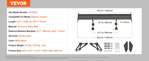 VEVOR GT Wing Car Spoiler 43.3 inch Universal Spoiler with Single Deck Adjustable Lightweight Aluminum Car Rear Spoiler Wing