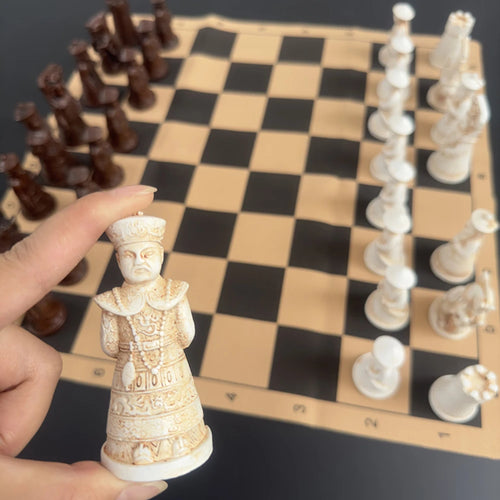 Big Vintage Chess 3d Qing Army Pieces Leather Chessboard Gypsum + Resin Pieces Game Box 40*19cm/15.7*7.5 Inch