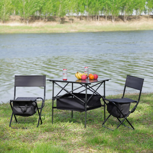 Set of 3, Folding Outdoor Table and Chairs Set for Indoor, Outdoor Camping, Picnics, Beach,Backyard, BBQ, Party, Patio, Black/Gr