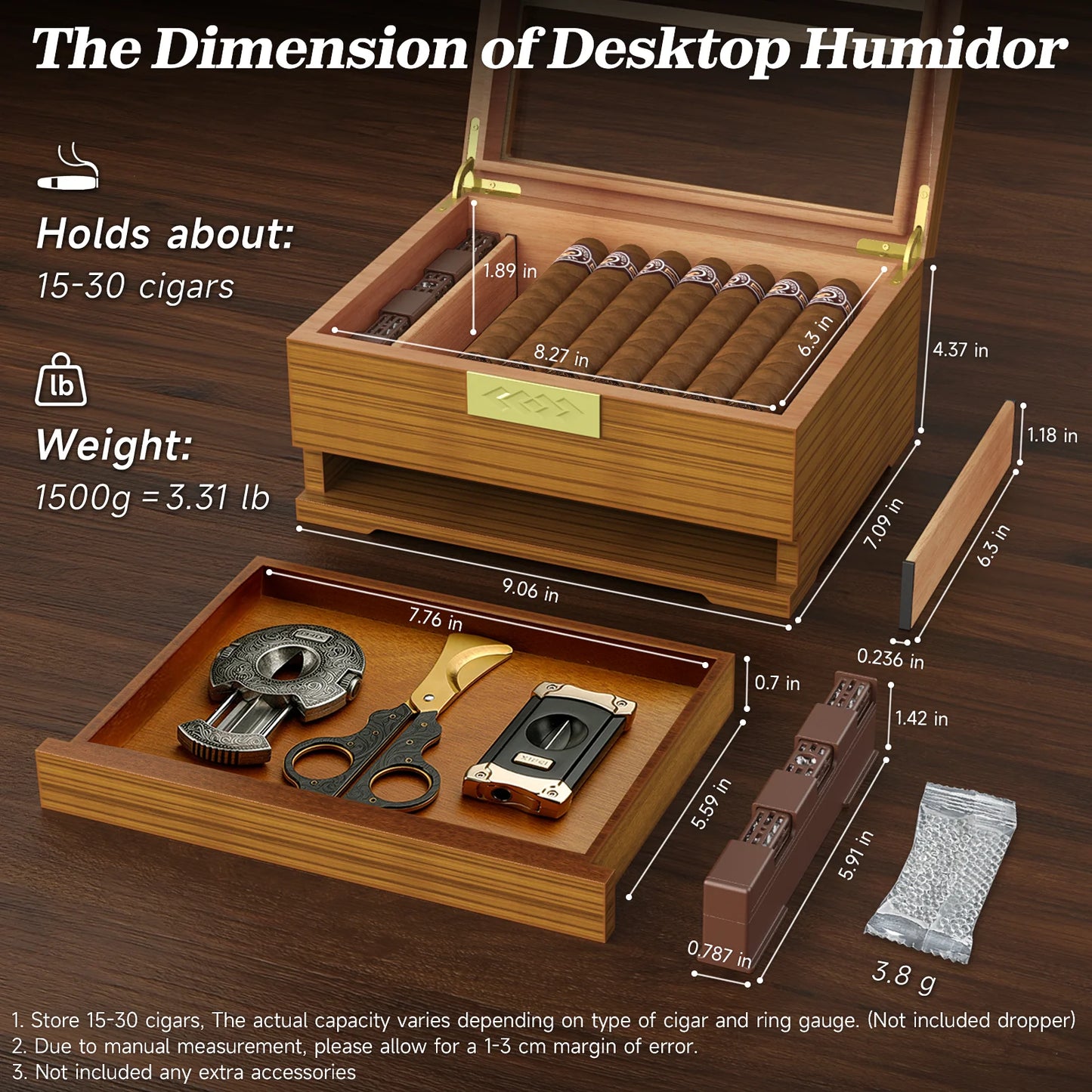 Cigar Box Humidor with Hygrometer and Humidifier, Cedar Wooden Case with Drawer, Divider, Length Gauge, Desktop Humidor Box Gift