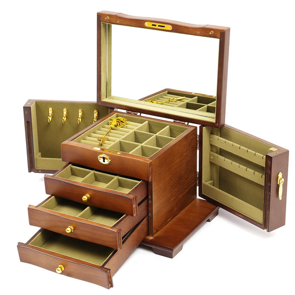 Retro Wooden Jewelry Box with 4 Tiers, Key Lock, Magnetic Doors, Velvet Lining, and Mirror for Secure and Organized Jewelry