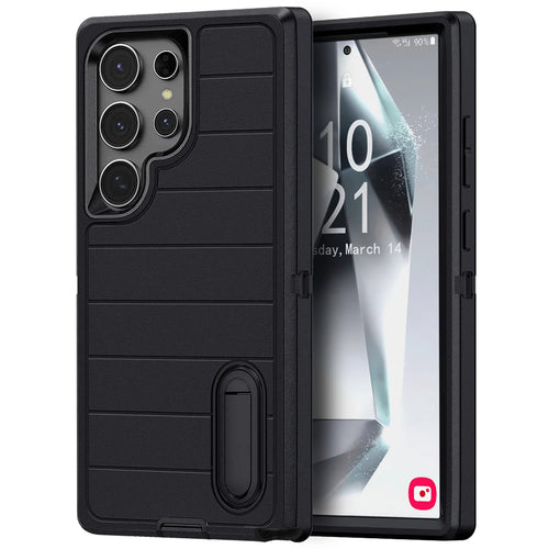 For Samsung Galaxy S24 Ultra/S24 Plus/S24 5G 3-Layers Heavy Duty Shockproof Rugged Protective Kickstand Phone Cover Black Case
