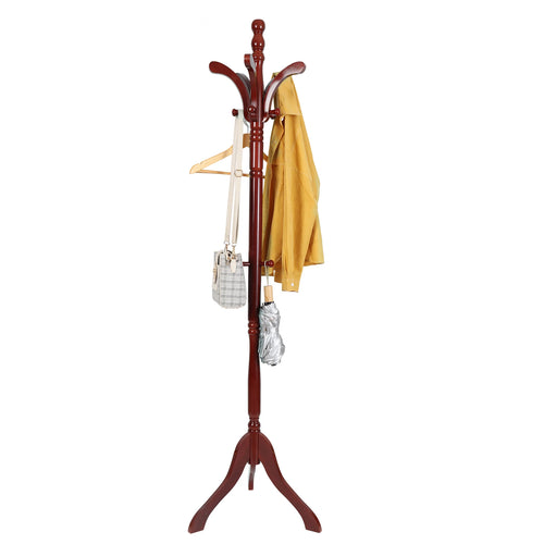 Wooden Coat Rack Stand Height Adjustable Hall Tree Entryway Clothes Rail
