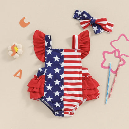 Red White Blue Patriotic Sleeveless Romper with Bow Headband for Baby Girls 4th of July Celebration Outfit
