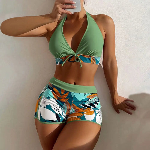 Shorts Bikinis Set  High Waist Swimsuit Women Swimwear 2 Pieces Plant Print Bathers Bathing Swim Suit Beachwear