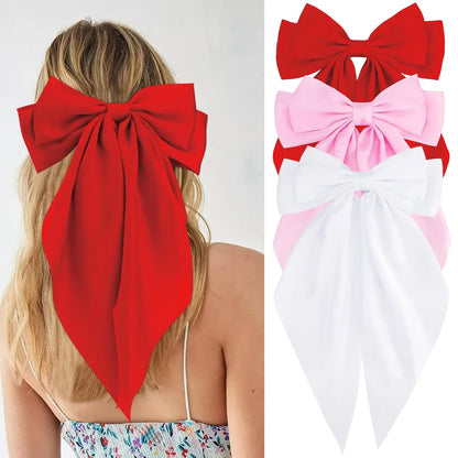 Hair Bows for Women Girls 3Pcs White Pink Black Silky Satin Large Bows Hair Clip Oversized Hair Ribbons Long Tail Big Hair Bows