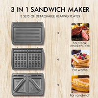 Yabano Sandwich Maker, 3 in 1 Waffle Maker, Toaster and Electric Panini Press Grill with Non-stick Coating Plate, Easy to Clean