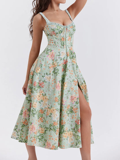 Women Summer Casual Midi Dress Floral Print Low-Cut Sleeveless Sling Sweet Dress Fashion Backless Temperament Dress