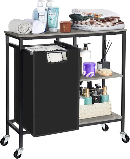 Pull-Out Laundry Basket with Shelf and  three Shelf,Laundry Basket Organizer Section with Removable Laundry Bags for clothes