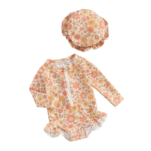 Lioraitiin Summer Toddler Baby Girl Swimsuit Flower Set Long Sleeve Front Zipper Swimsuit + Bow Swimming Cap Bathing Suit Wear