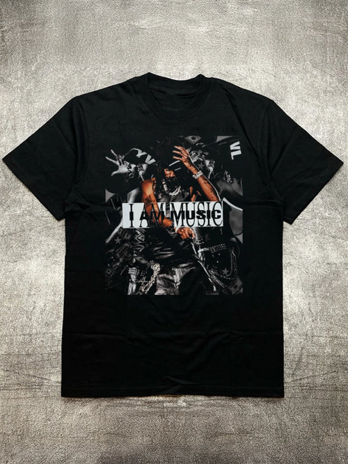 Men's Black Crew - Neck, 200g Cotton Short - Sleeves, T - Shirt with Music-Themed Trendy Heat Transfer