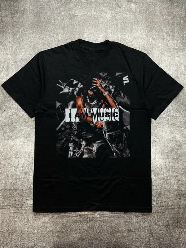 Men's Black Crew - Neck, 200g Cotton Short - Sleeves, T - Shirt with Music-Themed Trendy Heat Transfer