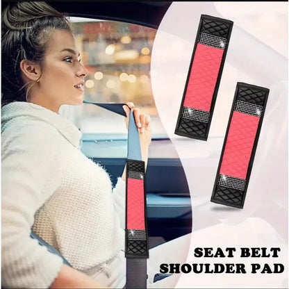 10pcs Sparkling Faux Diamond PU Leather Car Accessories Set Including Steering Wheel Cover, Center Console Armrest Pad
