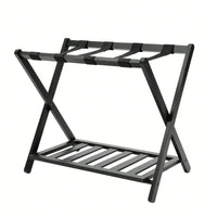 Black Luggage Rack, Upgraded Bamboo Foldable Suitcase Stand with 4 Nylon Straps, Luggage Holder with Shelf for Bedroom Hotel