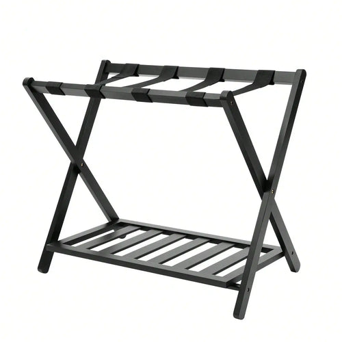 Black Luggage Rack, Upgraded Bamboo Foldable Suitcase Stand with 4 Nylon Straps, Luggage Holder with Shelf for Bedroom Hotel
