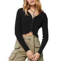 Women s Zip-Up Knit Hoodies Solid Color Cropped Cardigan Jacket Casual Long Sleeve  Crop Tops