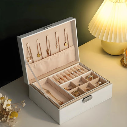Double-Layer Wooden Jewelry Box with PU Leather Ring Box Jewelry Storage Organizer And Makeup Case Packaging