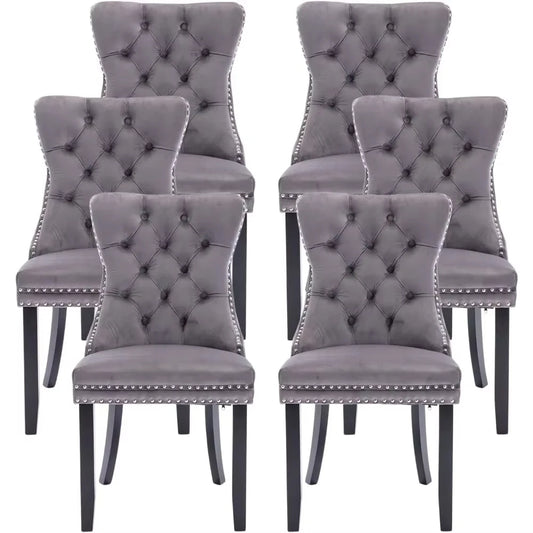 Velvet Dining Chairs Set of 6, Ring Pull Trim and Button Back, Luxury Tufted Dining Chairs for Living Room, Dining Chair