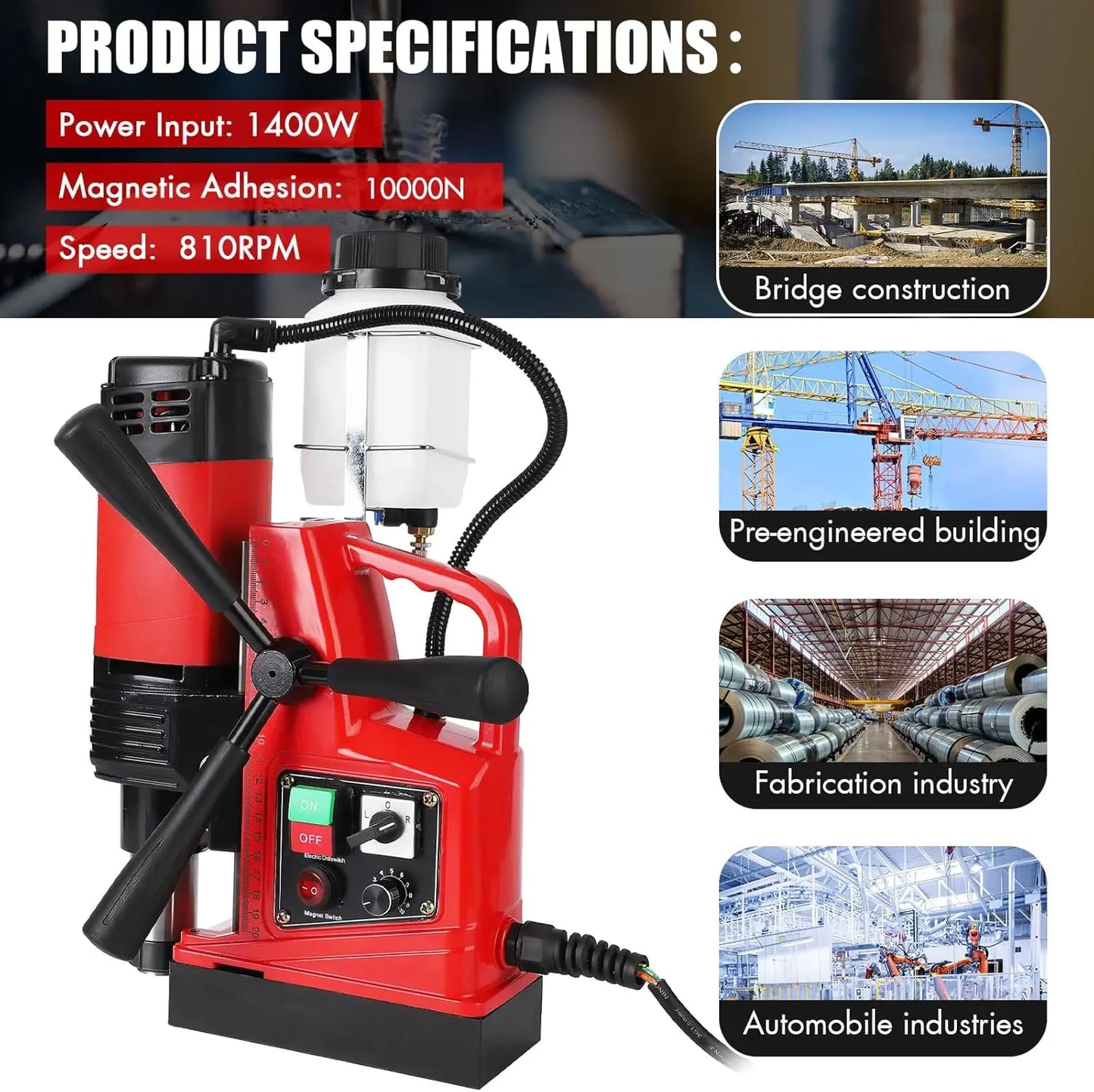 Magnetic Drill Press 110V, 2 Inch Boring Diameter, 1400W, 810 RPM, 6Pcs Drill Bits, 40 Dual Track, Portable Magnetic Drill
