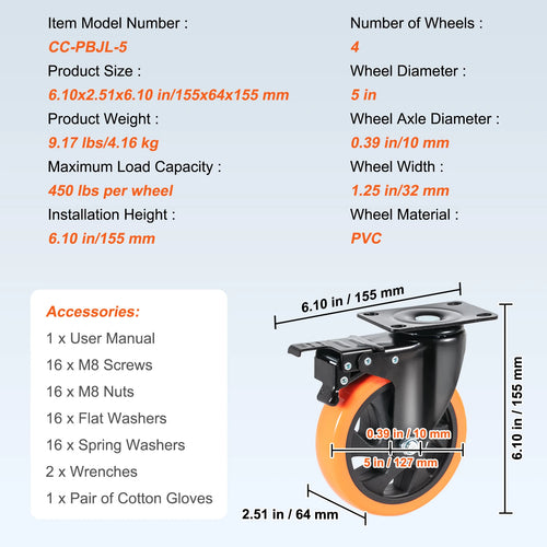 VEVOR 2/3/4/5/6-inch Swivel Plate Casters Set of 4 with Security Dual Locking PVC Caster Wheels for Cart Furniture Workbench