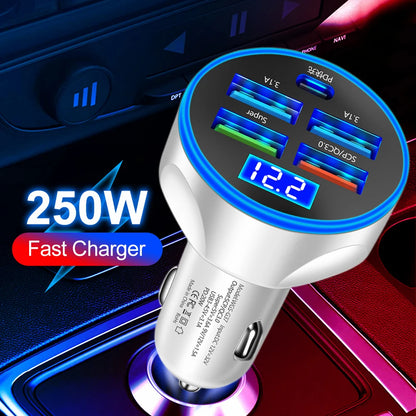 5 in 1 USB PD 250W Car Charger QC3.0 Type C Fast Charging Auto Mobile Phone Adapter For iPhone For iPhone Samsung Huawei