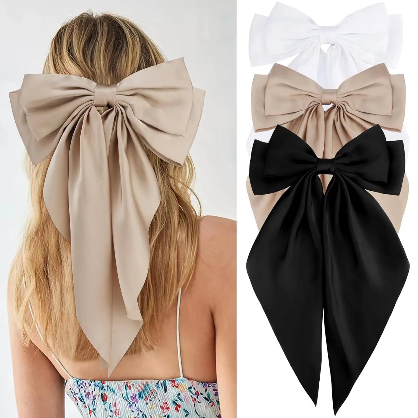 Hair Bows for Women Girls 3Pcs White Pink Black Silky Satin Large Bows Hair Clip Oversized Hair Ribbons Long Tail Big Hair Bows