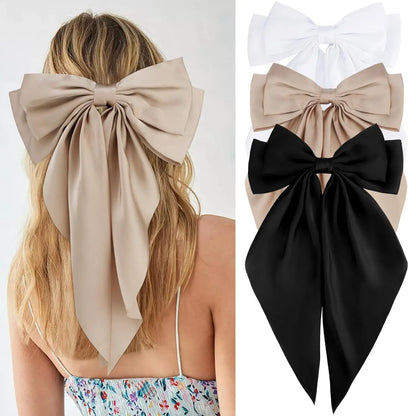 Hair Bows for Women Girls 3Pcs White Pink Black Silky Satin Large Bows Hair Clip Oversized Hair Ribbons Long Tail Big Hair Bows