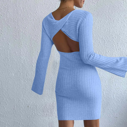 Solid Color High Quality Knitted Backless Dresses for Women Autumn Winter 2023 Elegant Long Sleeve Bodycon Casual Mini Dress
