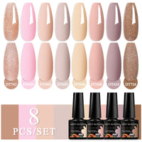 MEET ACROSS 8Pcs/Set Sparkly Rose Red Purple Gel Nail Polish Glitter Semi Permanent Nail Art Gel Vernis For Nails Manicure Kits