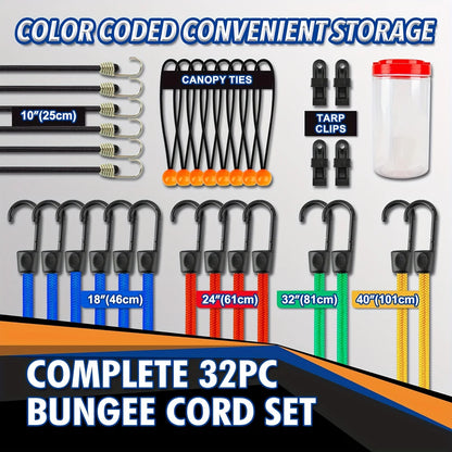 28pcs/32pcs/129pcs Bungee Cords Assortment Jar Includes Multiple lengths of Bungee Cord With Hooks,Trap Ball Ties And Tarp Clips