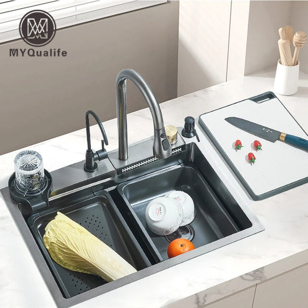 304 Stainless Steel Waterfall Kitchen Sink - 60x45cm with Digital Faucet Set EzBuyCo