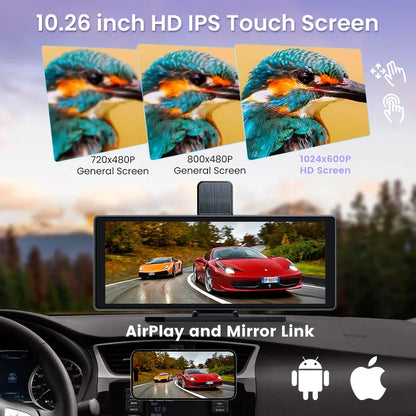 QOZ 10.26" Car Intelligent Screen with 4K 360° Rotation Dash Cam Wireless CarPlay & Android Auto AUX FM Bluetooth WIFI