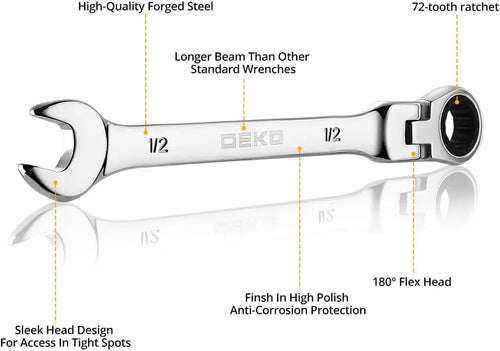 DEKO 13-piece Flex-Head Ratcheting Combination Wrench Set 5/16"-1" SAE 72-Tooth Cr-V Ratche Wrenches with Roll-up Pouch