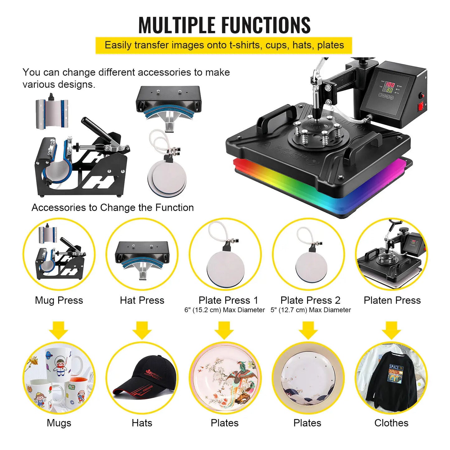 VEVOR Combo Heat Press Machine 5/6/8 in 1 30*38CM 38*38CM Muntifunctional Sublimation Printer Transfer for Mug Hat Plate T-Shirt