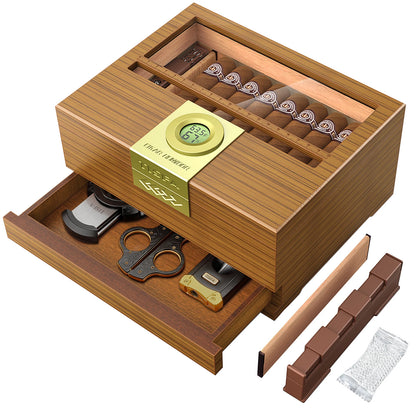 Cigar Box Humidor with Hygrometer and Humidifier, Cedar Wooden Case with Drawer, Divider, Length Gauge, Desktop Humidor Box Gift