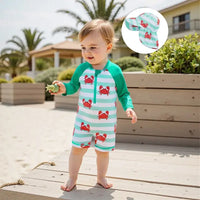 Children s Boys Long Sleeve Swimwear Set with Crab and Stripe Print Zipper Rash Guard Swimsuit Matching Hat Beachwear