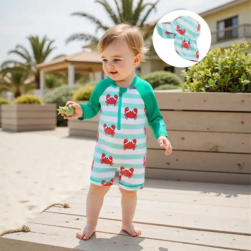 Children s Boys Long Sleeve Swimwear Set with Crab and Stripe Print Zipper Rash Guard Swimsuit Matching Hat Beachwear