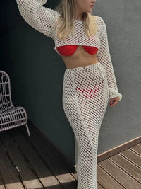 Women s Boho Style Crochet Bikini Cover Up Set Off Shoulder Knit Crop Top with Matching Long Skirt for Beachwear and Pool