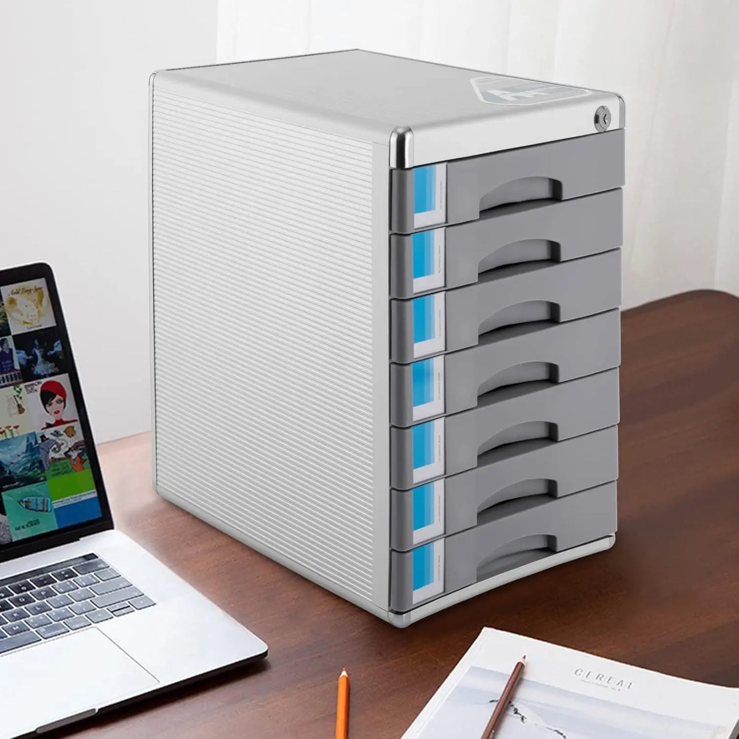 Desk Organizer 7 Drawers, Metal Desktop Storage Cabinet File Holder with Locks and Keys, Filing Case Literature for Office Home