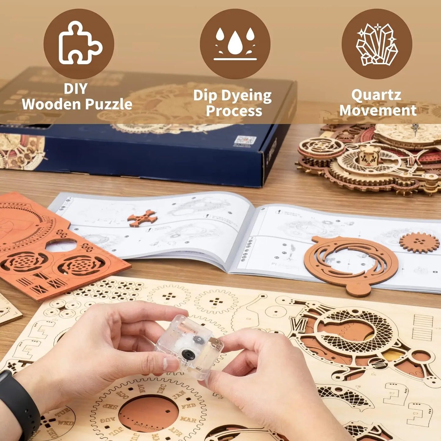 Robotime 3D Wooden Puzzles Wooden Steampunk Clock Kit  DIY Mechanical Wall Quartz Aesthetic Room for Adults