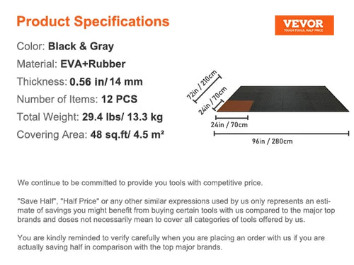 VEVOR 25/12/6 PCS 1/2 inch Thick Gym Floor Mats EVA Foam & Rubber Top Interlocking Workout Floor Mats Waterproof Exercise Mats