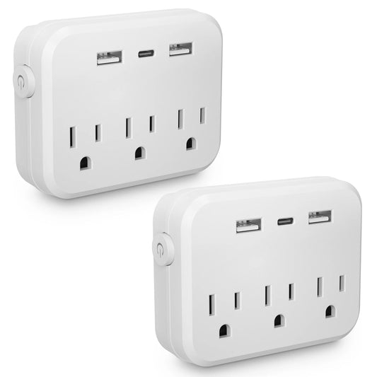 TRANSTON   2 pcs，Switch with surge protector Mini Portable power strip 6-in-1 Multifunctional 3 power strip 2 USB ports 1-usb-c