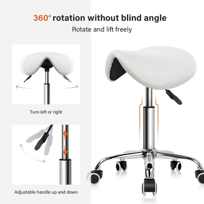 KKTONER Rolling Saddle Stool PU Leather Swivel Adjustable Rolling Stool with Wheels Salon Chair White