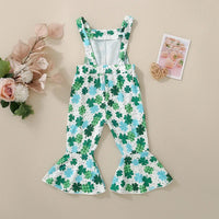 St Patrick s Day Toddler Girls Green Clover Print Sleeveless Flare Leg Jumpsuit Overalls Romper with Ruffles