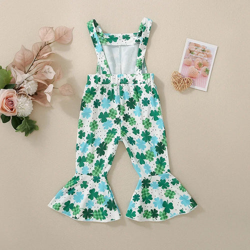 St Patrick s Day Toddler Girls Green Clover Print Sleeveless Flare Leg Jumpsuit Overalls Romper with Ruffles