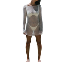 Women Bikini Cover-Ups Solid Color See-Through Long Sleeve Backless Beach Knitted Mini Dress Swimwear Sunscreen Blouse