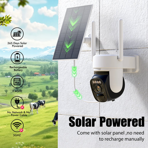 Wireless outdoor solar security camera 2K 360°PZT panoramic tilt, CCTV low power 2.4GWiFi, AI motion detection, PTZ PIR ,IP66